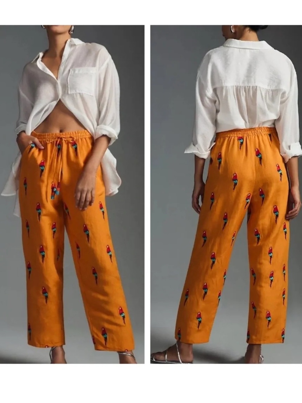 Farm Rio Linen Pants Embroidered Tropical Beach Parrot Beaded Tassel Large READ - Picture 4 of 17